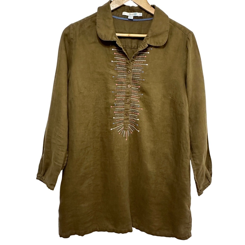 Boden 100% Linen Embroidered Popover Tunic Blouse Womens 12 Boho Travel Vacation